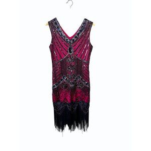 Vintage-Inspired Pink & Black Sequin Beaded Gatsby Flapper Dress V-Neck Size L